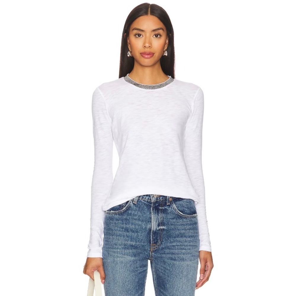 Goldie Metallic Trim Long Sleeve Tee White NWT XS Pima Cotton